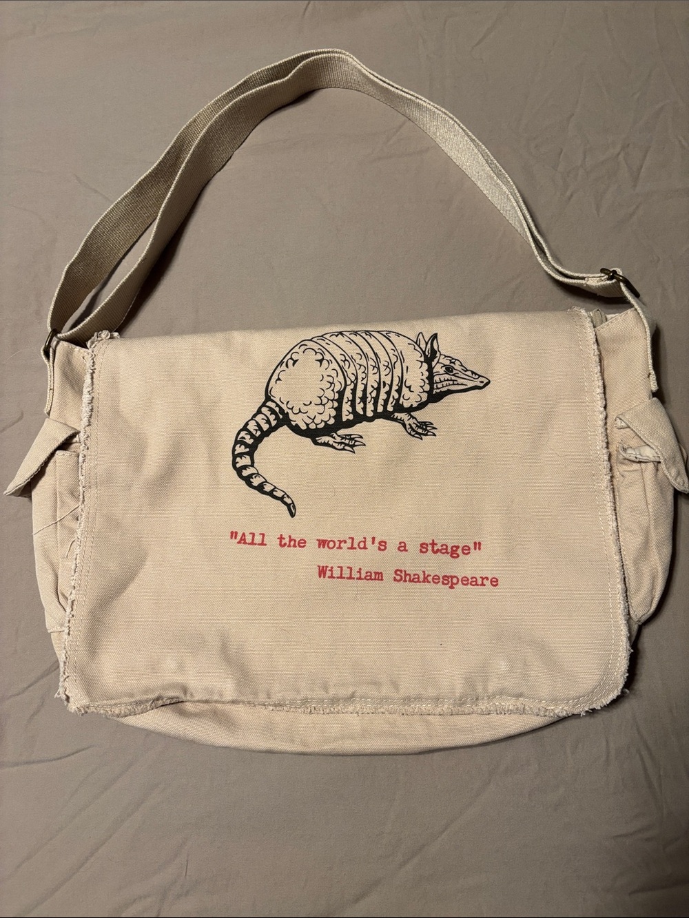 Authentic Pigment Canvas Messenger Bag with Armadillo Graphic - Cream